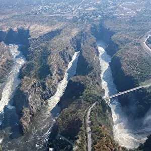 Aerial view, gorge with the Victoria Falls Bridge over the Zambezi River, at Victoria Falls, Livingstone, Zambia
