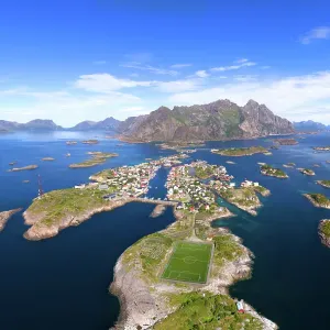 Aerial view of Henningsvaer archipelago and famous football stadium on Lofoten islands Aerial view of Henningsvaer archipelago and famous football stadium on Lofoten islands