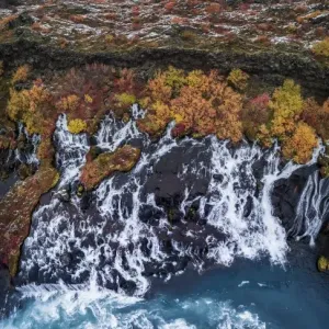 Aerial view of Hraunfossar, Iceland Aerial view of Hraunfossar, Iceland