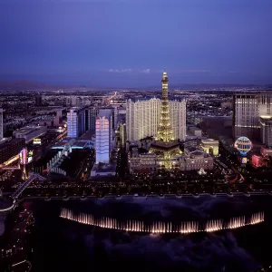 Aerial view of Las Vegas, Nevada, with a focus on Las Vegas Strip casinos, including the Paris Las V Aerial view of Las Vegas, Nevada, with a focus on Las Vegas Strip casinos, including the Paris Las V