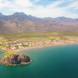 Aerial view of Loreto Bay, Nopolo Rock, Sierra de la Giganta, Baja California Sur, Mexico