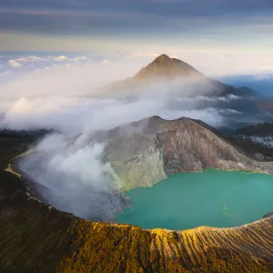 Aerial view of Misty Volcano of Kawah Ijen crater in East Java