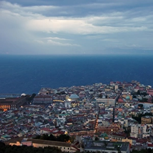 Aerial view of Naples old Quarter and bay at dusk