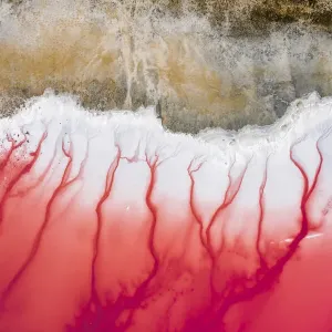 Aerial view of patterns of salty pink lake. Pink Salt Lake Hutt Lagoon