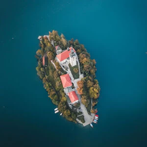 Aerial view of the Pilgrimage Church of the Assumption of Maria on Bled Island in Bled