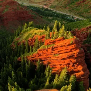Aerial view of rock formation Dzhety-Oguz at sunset. Seven Bulls, Karakol in Kyrgyzstan Aerial view of rock formation Dzhety-Oguz at sunset. Seven Bulls, Karakol in Kyrgyzstan
