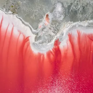 Aerial view of the salty pink lake. Pink Salt Lake Hutt Lagoon