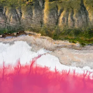 Aerial view of the salty pink lake. Pink Salt Lake Hutt Lagoon