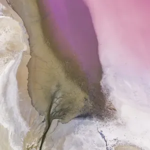 Aerial view of the salty pink lake. Pink Salt Lake Hutt Lagoon