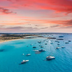 Aerial view of the sand beach and turquoise water of Formentera, Ibiza