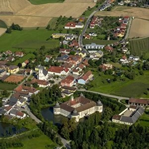 Aerial view, Schloss Aistersheim, moated castle from the late Renaissance, Aistersheim, Upper Austria, Austria