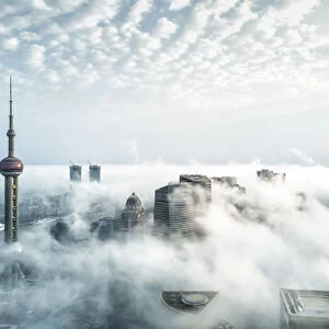 Aerial View of Shanghai Lujiazui Financial District in Fog