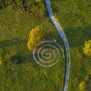 Aerial view, spiralling path, quarries with a health trail, Geseke, North Rhine-Westphalia, Germany