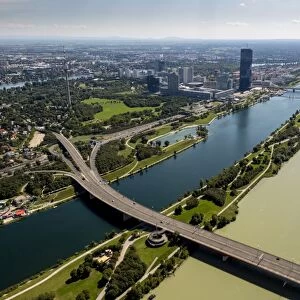 Aerial view, Tech Gate Vienna, science and technology park, high-rise high-rise building on the Danube River, Vienna, Austria
