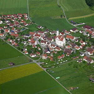 Aerial view, town of Steinhausen with the Pilgrimage Church of Our Lady and the Parish Church of St. Peter and Paul, Baden-Wuerttemberg, Germany, Europe