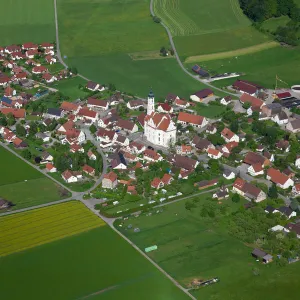 Aerial view, town of Steinhausen with the Pilgrimage Church of Our Lady and the Parish Church of St. Peter and Paul, Baden-Wuerttemberg, Germany, Europe