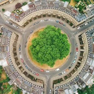 An aerial view of a traffic circle in the city of Bath, UK - stock photo