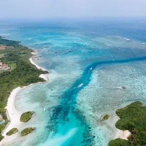 Aerial view of tropical beach and clear water with coral reef, Kabira Bay Aerial view of tropical beach and clear water with coral reef, Kabira Bay