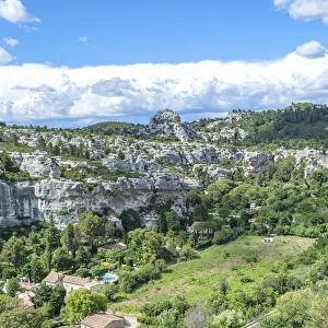 Aerial view of valley on sunny day, Les Baux de Provence, Provence, France