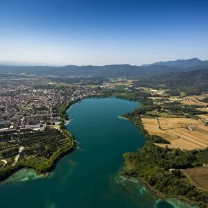 Aerial view, view of the city of Banyoles on the Lake of Banyoles, Costa Brava, Catalonia, Spain