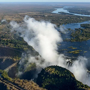 Aerial view of Zambezi River and Victoria Falls. Livingstone. Zambia