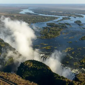 Aerial view of Zambezi River and Victoria Falls. Livingstone. Zambia Aerial view of Zambezi River and Victoria Falls. Livingstone. Zambia