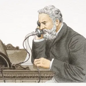 Alexander Graham Bell parlant 1876 téléphone de Bell, vue latérale. Alexander Graham Bell parlant 1876 téléphone de Bell, vue latérale.