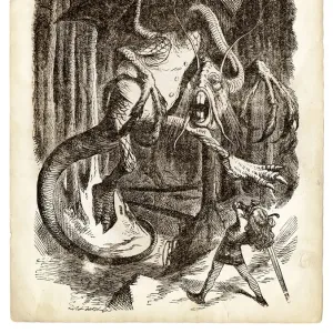 Alice and the Jabberwocky Knight engraving 1899