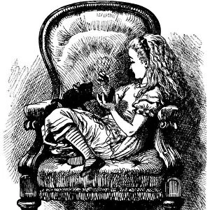 Alice playing with kitten illustration, (Alices Adventures in Wonderland)