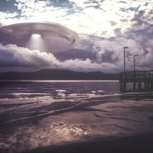 Alien space ship through the clouds, illustration Alien space ship through the clouds, illustration