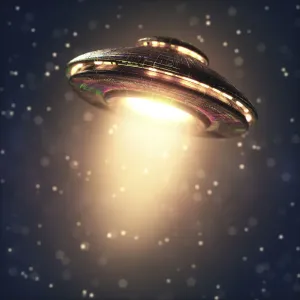 Alien space ship in outer space, illustration Alien space ship in outer space, illustration
