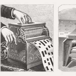 American barrel organ with inside mechanism, wood engravings, published 1888