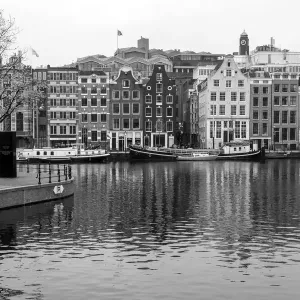 Amstel river in Amsterdam in black and white