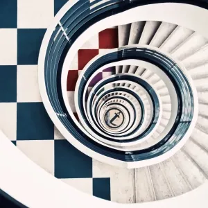 Multicolored Checkerboard Spiral Staircase Print