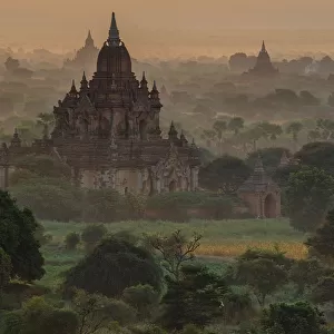 The ancient Bagan pagodas during sunrise