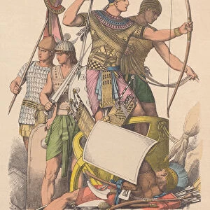 Ancient egyptians warriors, hand-colored wood engraving, published c. 1880