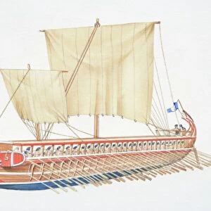 Ancient Greece, wooden sailing boat with two large sails