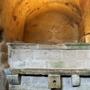Ancient Sarcophagus In A Rock Church In Sassi di Matera, Basilicata, Southern Italy
