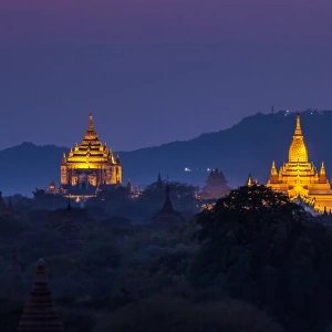 Ancient temples in old Bagan after sunset