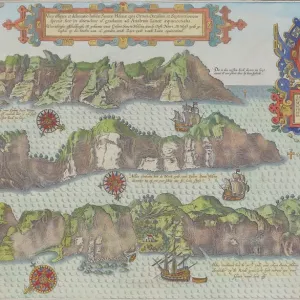 Vintage Map Print of Elegant Archipelago Landscape with Ships and Mountains