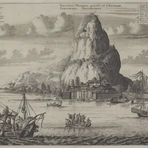 Vintage Antique Print of Asian Sailboats in Harbor