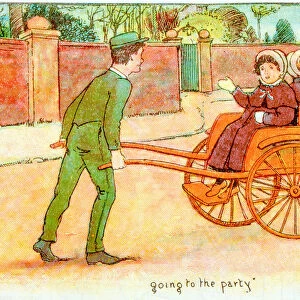 Antique children book illustrations: Girls on cart