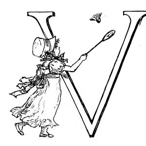 Antique children spelling book illustrations: Alphabet letter V