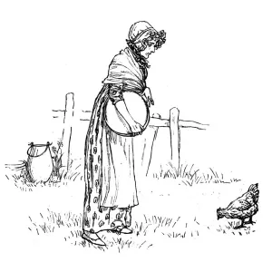 Antique children spelling book illustrations: Woman with chicken Antique children spelling book illustrations: Woman with chicken