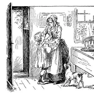 Antique childrens book comic illustration: mother and son indoor