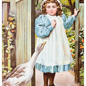 Antique childrens book comic illustration: little girl with goose