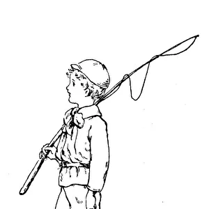 Antique childrens book comic illustration: boy with fishing rod