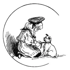 Antique childrens book comic illustration: child with dog