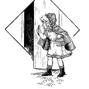 Antique childrens book comic illustration: little girl opening door