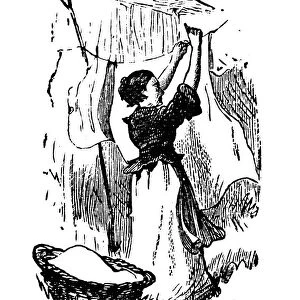 Antique childrens book comic illustration: woman hanging out clothes